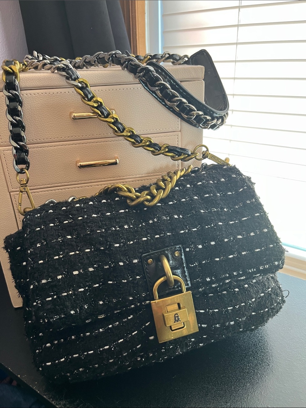 Steve Madden Black Tweed Shoulder Bag with Gold Chain